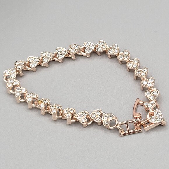 Elegant Rose Gold Tone Heart Tennis Bracelet With Clear Crystal Accents - Picture 3 of 6